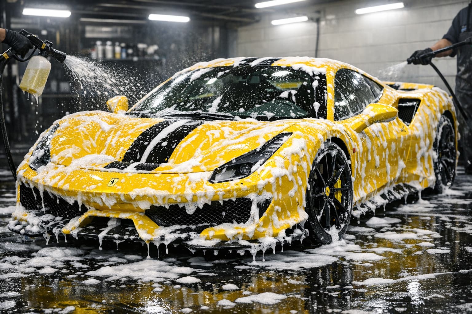 Yellow Ferrari 488 Pista covered in car soap suds during a carwash detailing process.