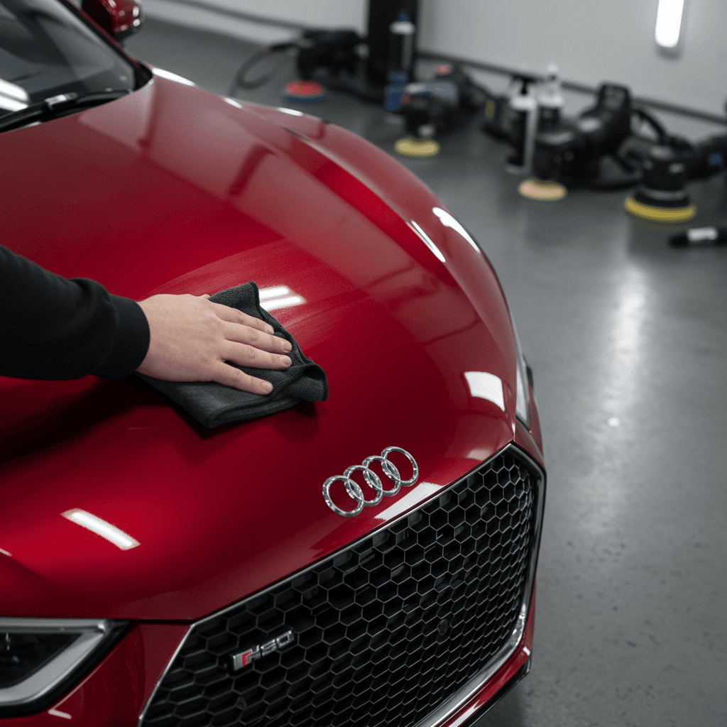 Audi R8 hood being polished with professional microfiber cloth