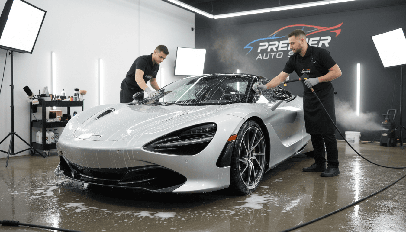 Professional hand washing a luxury car with specialized carwash techniques