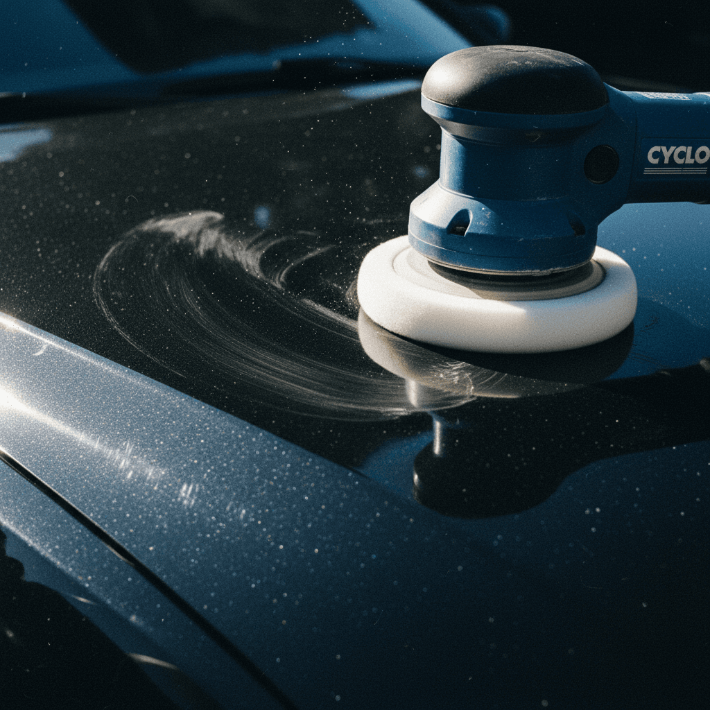 Dual-action polisher in motion on a car hood during paint correction