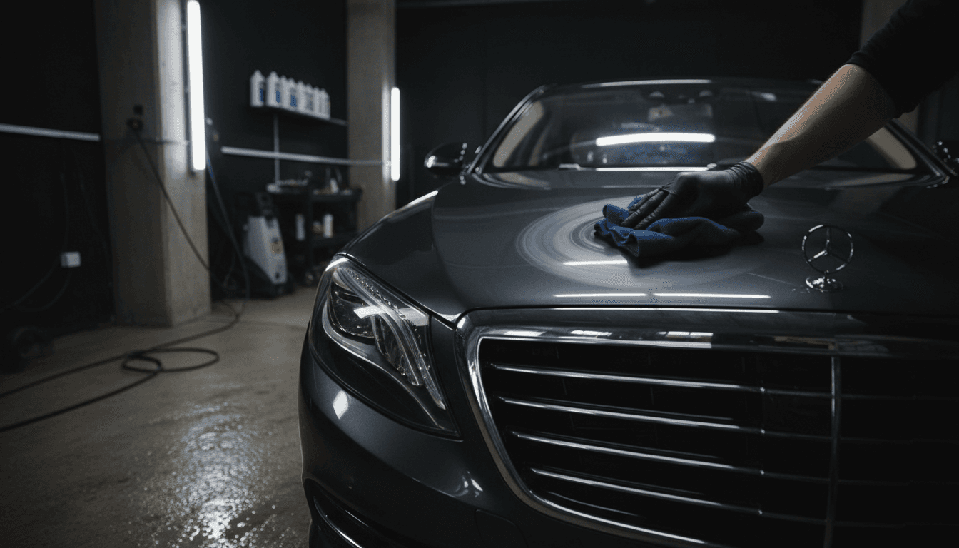 Detailer polishing luxury car hood under professional lighting