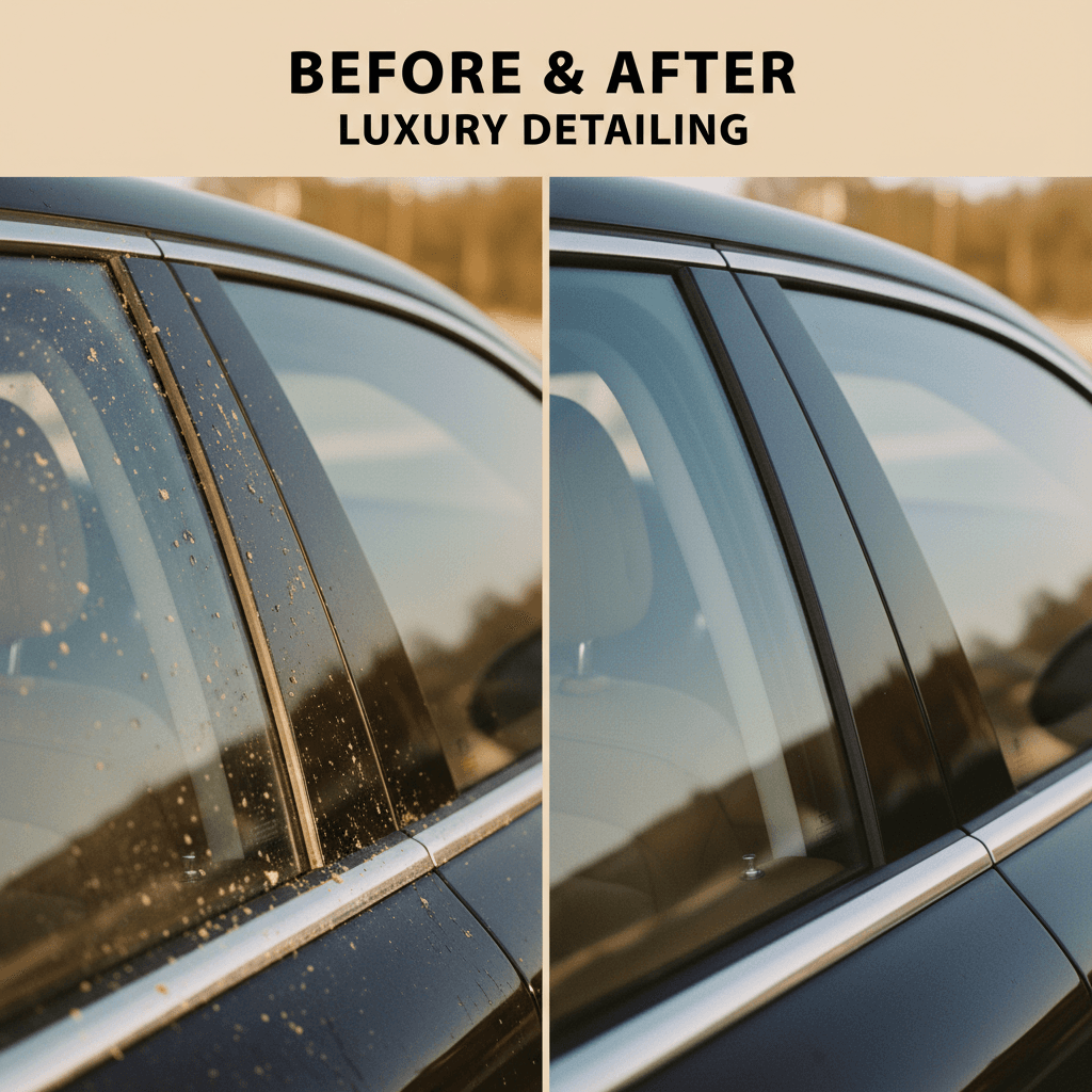 Window and trim detail before and after luxury car detailing - showing glass clarity