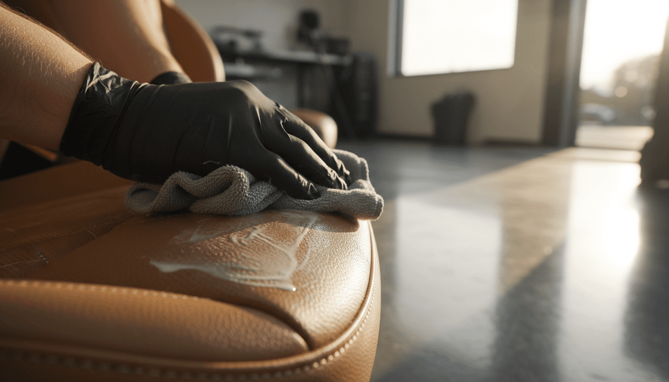 Professional leather conditioning treatment on luxury car seat