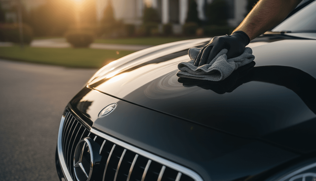 Professional detailer carefully buffing a luxury car's hood to a perfect shine