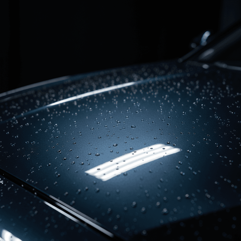 Luxury car hood with perfect glossy finish and water beads