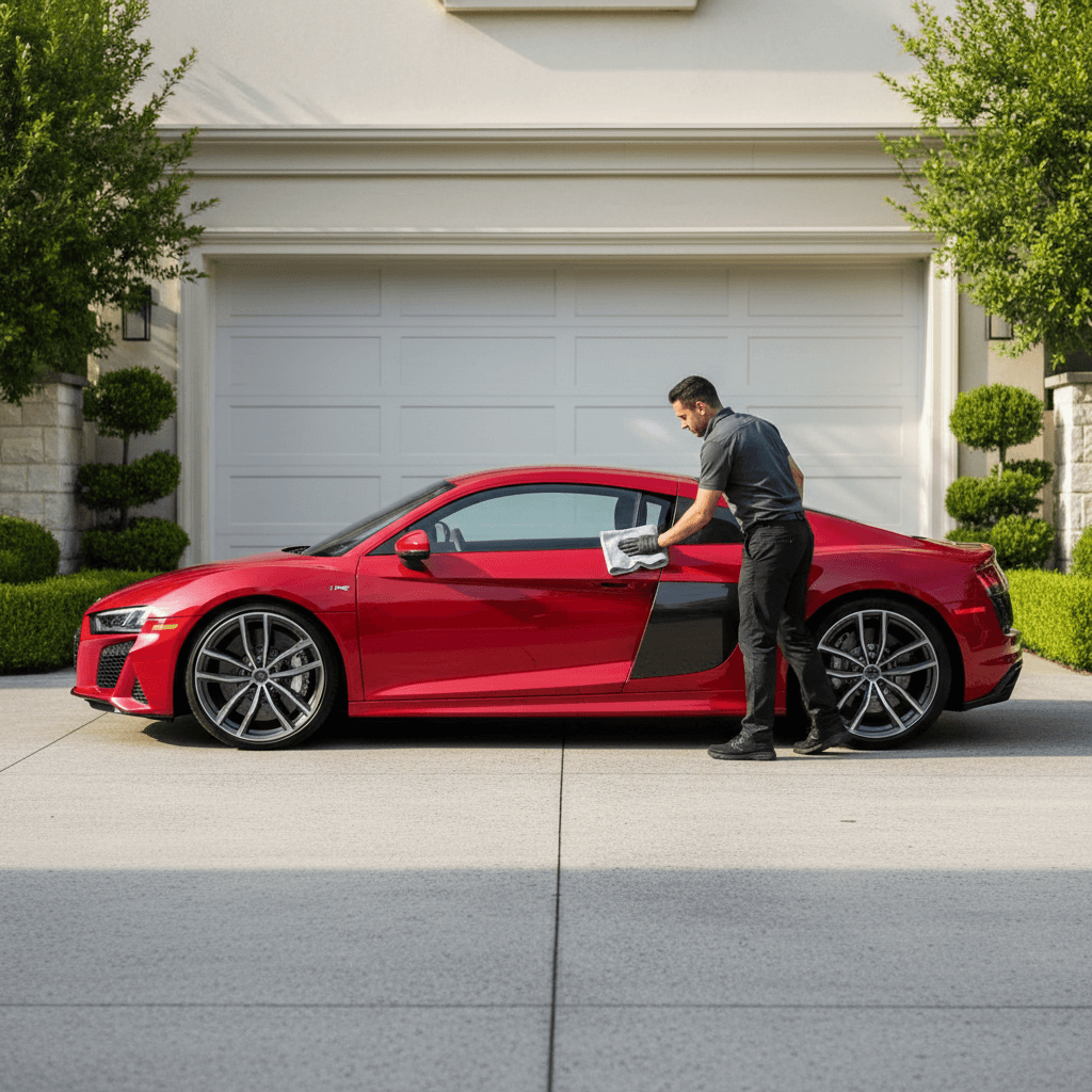 Red Audi R8 in residential driveway after detail