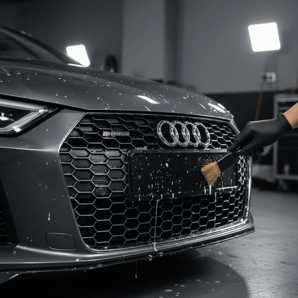 Audi R8 grille detail being professionally cleaned