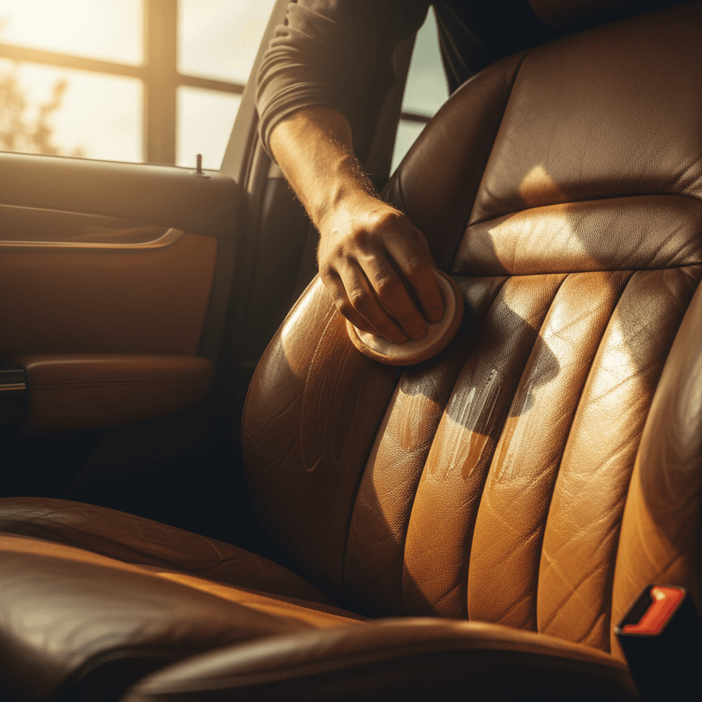 Leather car seat being conditioned with a soft applicator pad