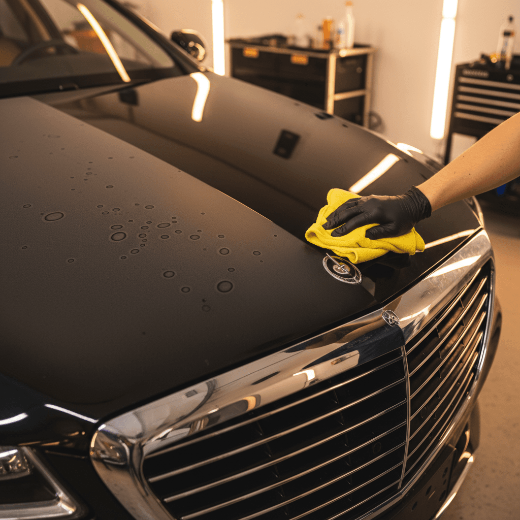 Luxury sedan hood before and after detailing - showing paint restoration and polish