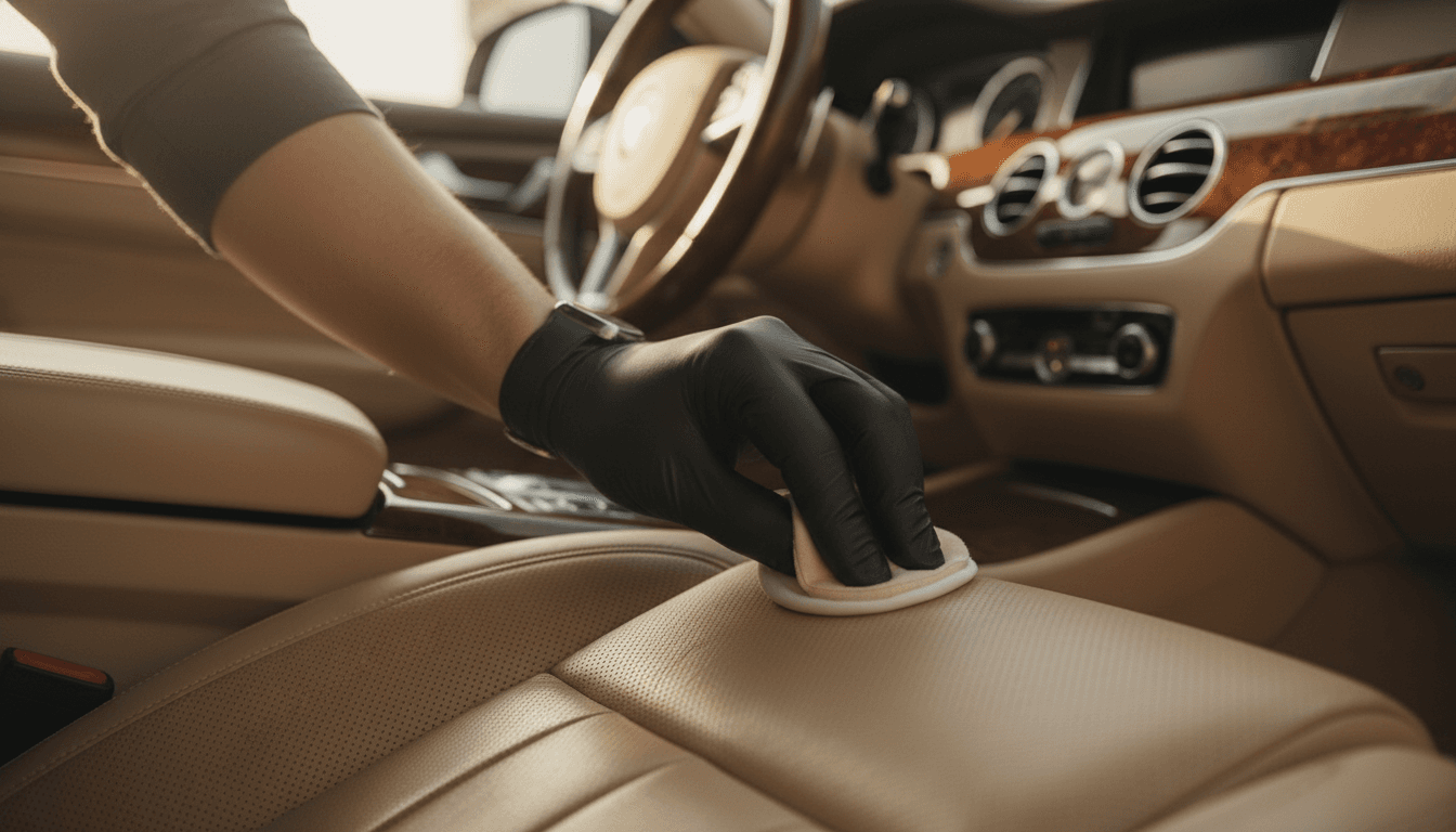 Detailer conditioning luxury car leather interior