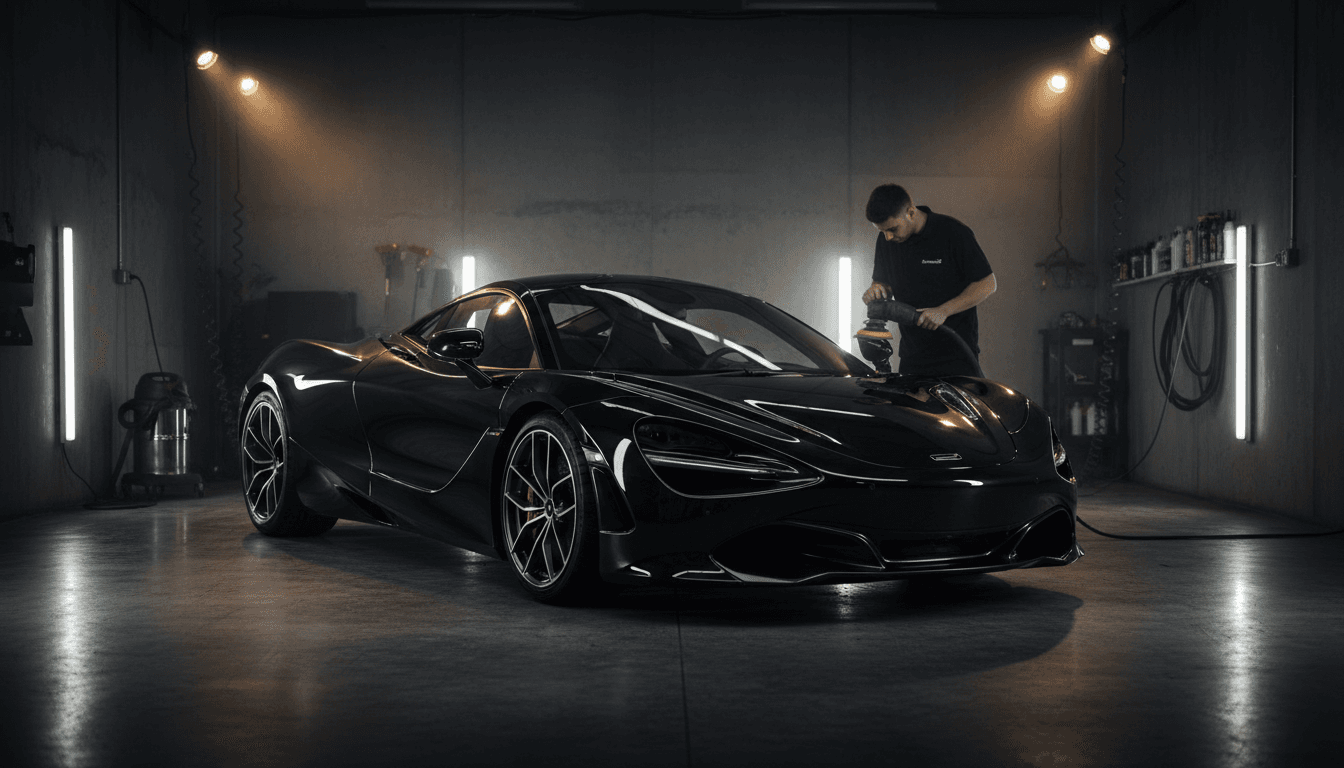 Luxury vehicle being detailed in a professional car wash facility with focused lighting and gleaming paint