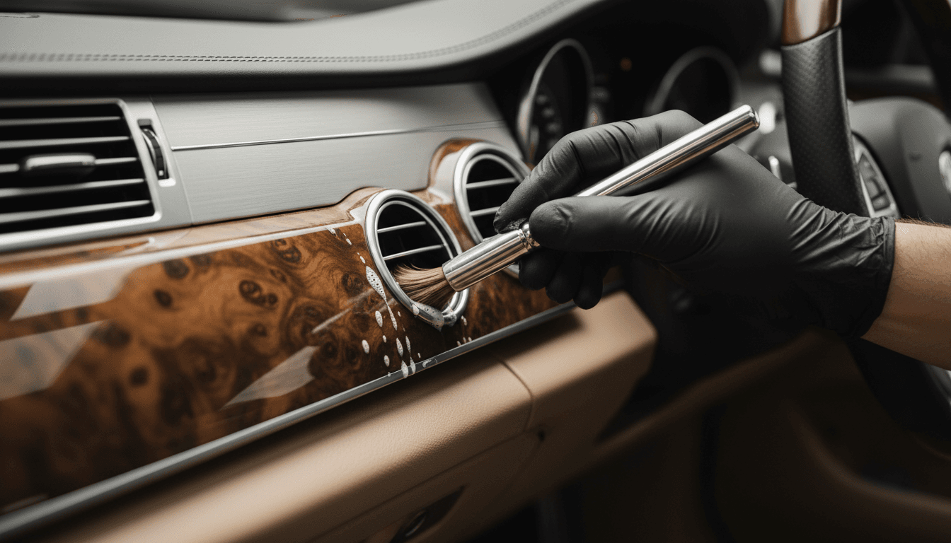 Detailed dashboard and trim cleaning for luxury vehicle interior