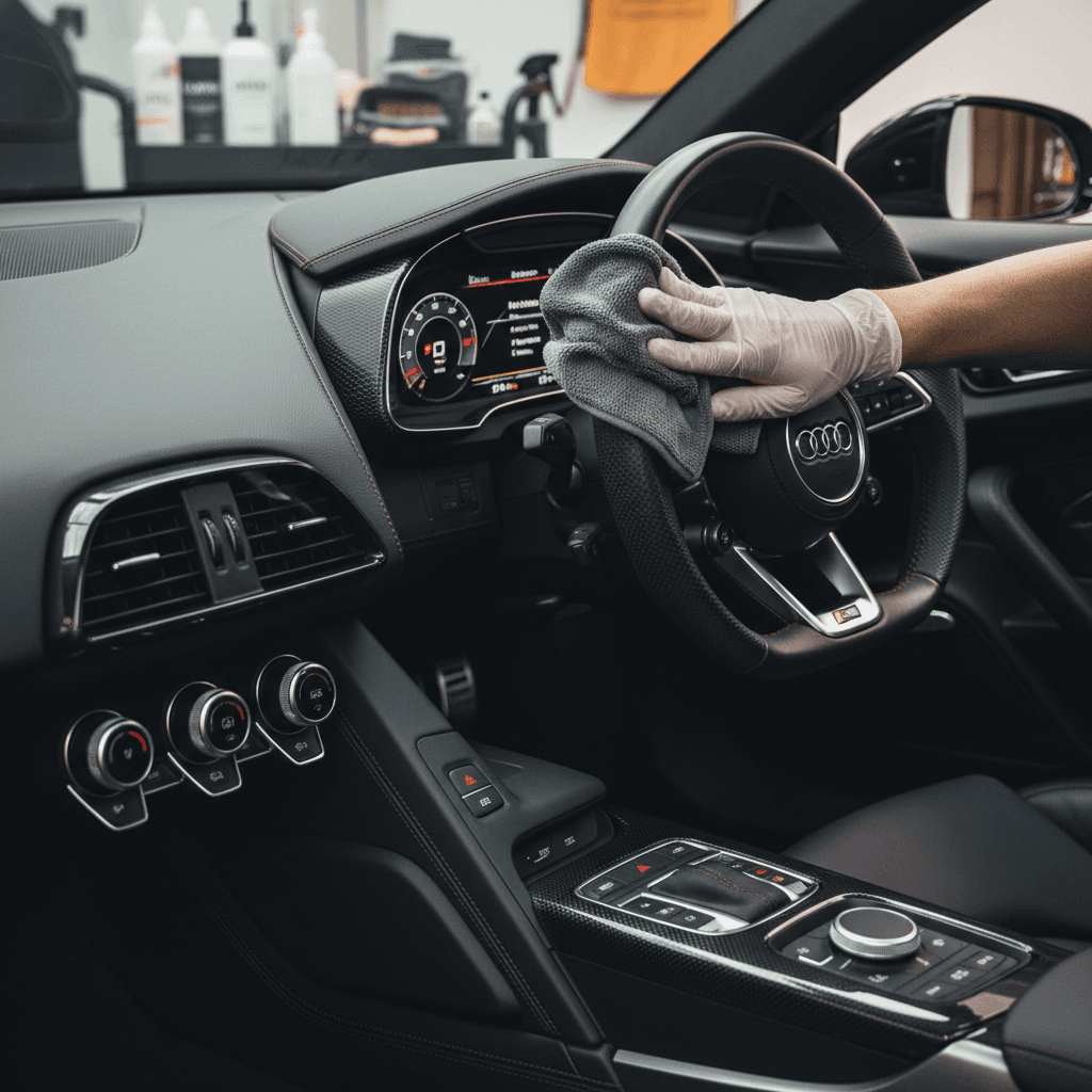 Audi R8 interior dashboard being carefully cleaned and detailed