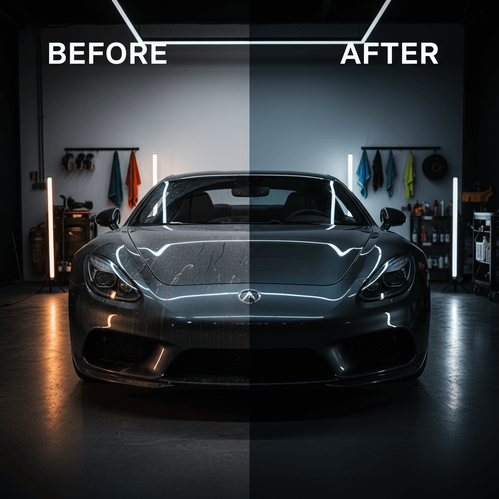 Full luxury car exterior before and after professional detailing service