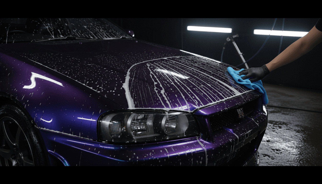 R34 Nissan Skyline GT-R in midnight purple 3 being professionally detailed with soap suds, showcasing the car's unique paint color under professional studio lighting
