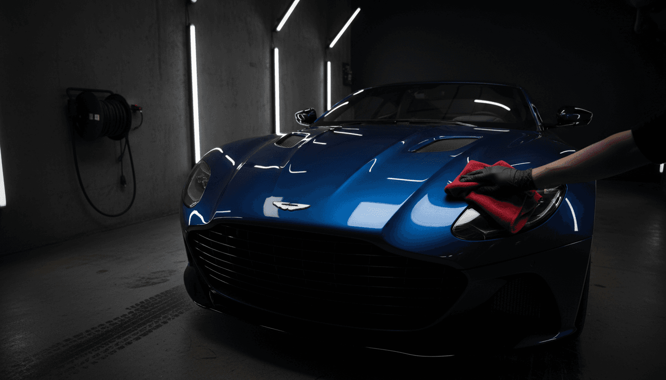 Hand polishing the hood of a luxury sports car in a dim detailing bay