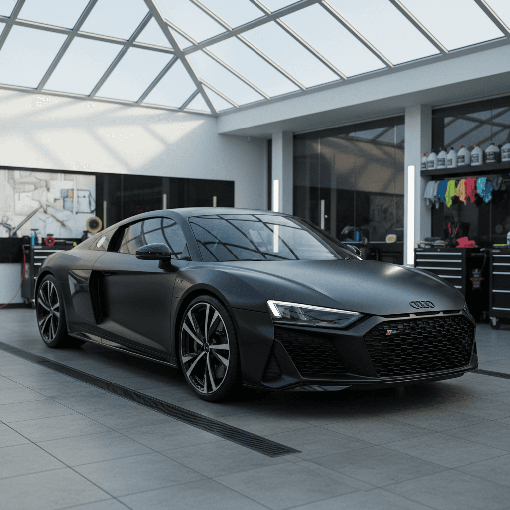 Matte black Audi R8 displaying flawless exterior finish in detailing bay