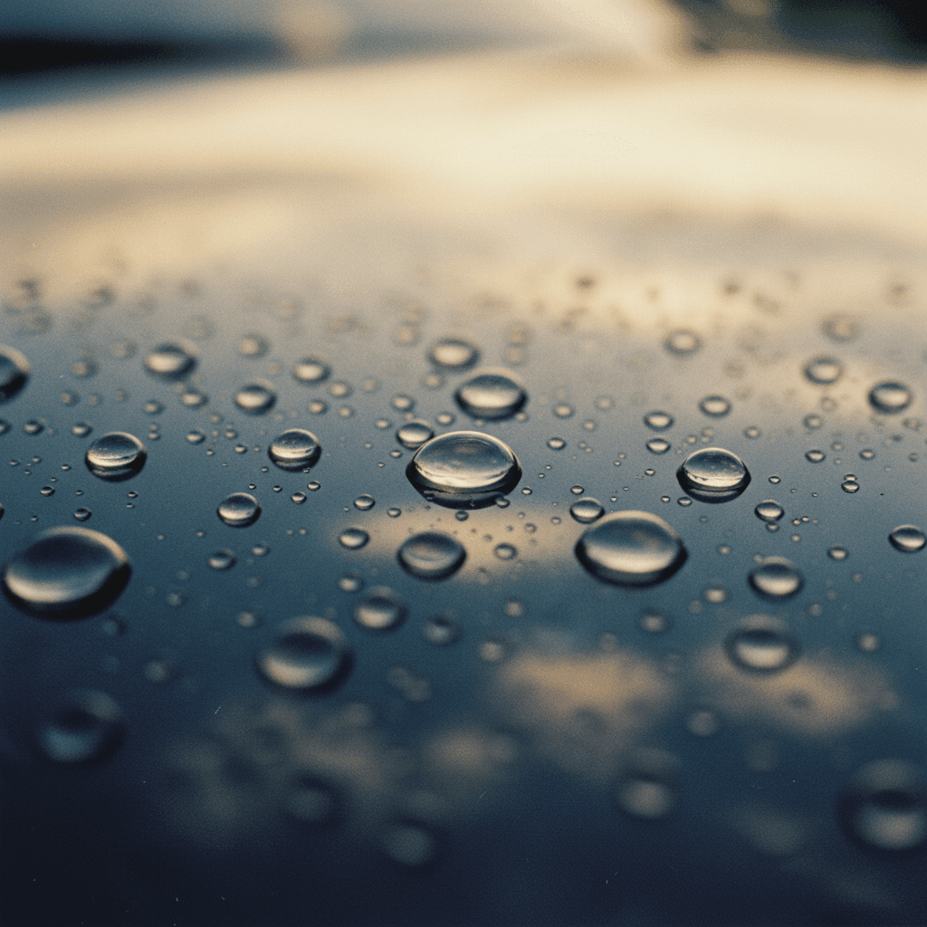 Water beads on a ceramic-coated car surface in soft sunlight