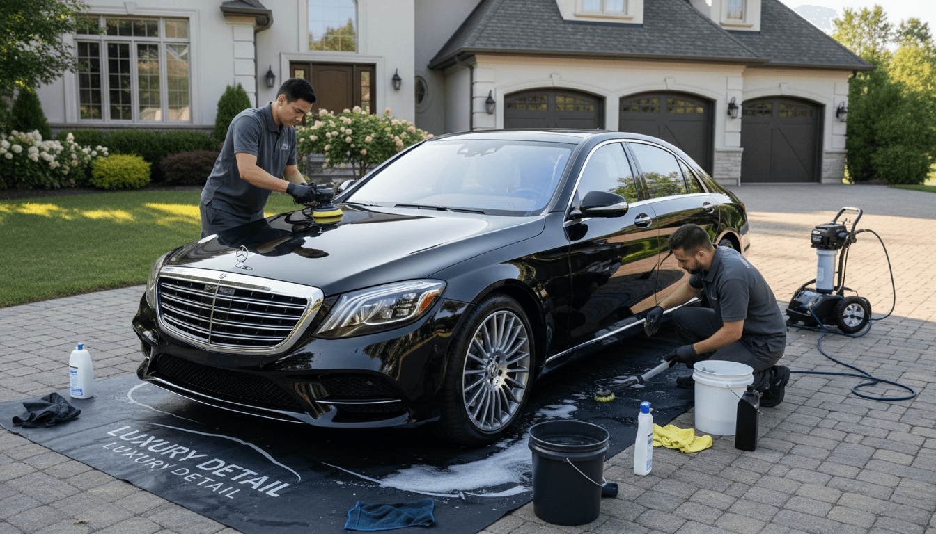 Professional detailer carefully washing and detailing a luxury sedan in a neighborhood driveway