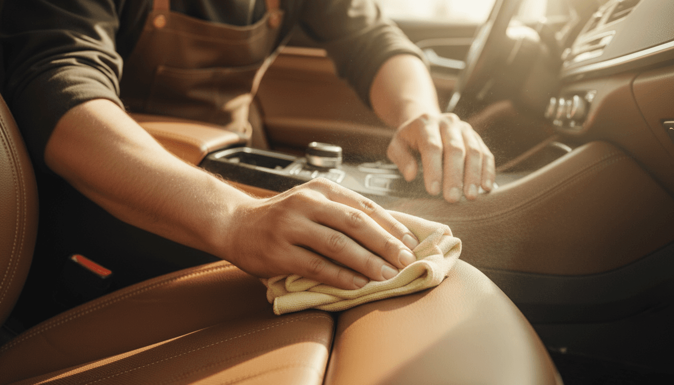 Interior car detailing showing leather seat care with microfiber cloth