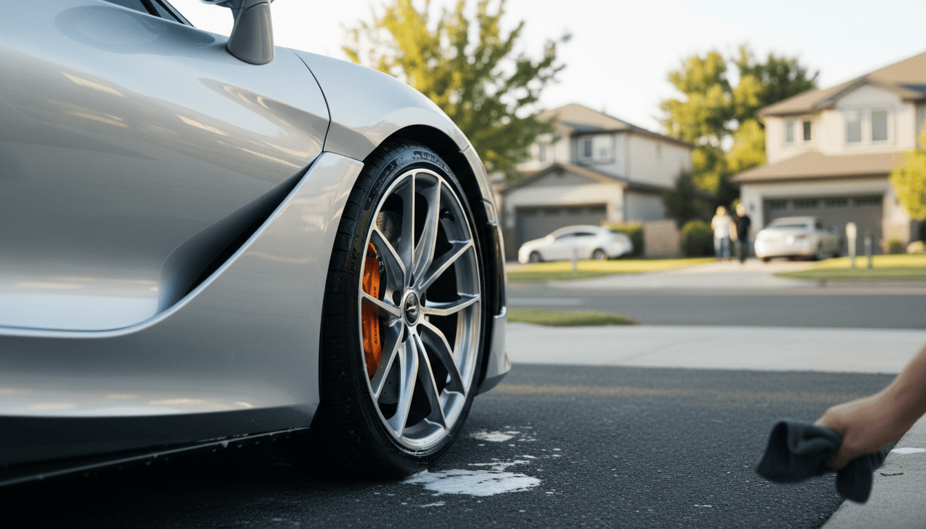 Luxury car being professionally detailed with focus on polished wheels and exterior finish