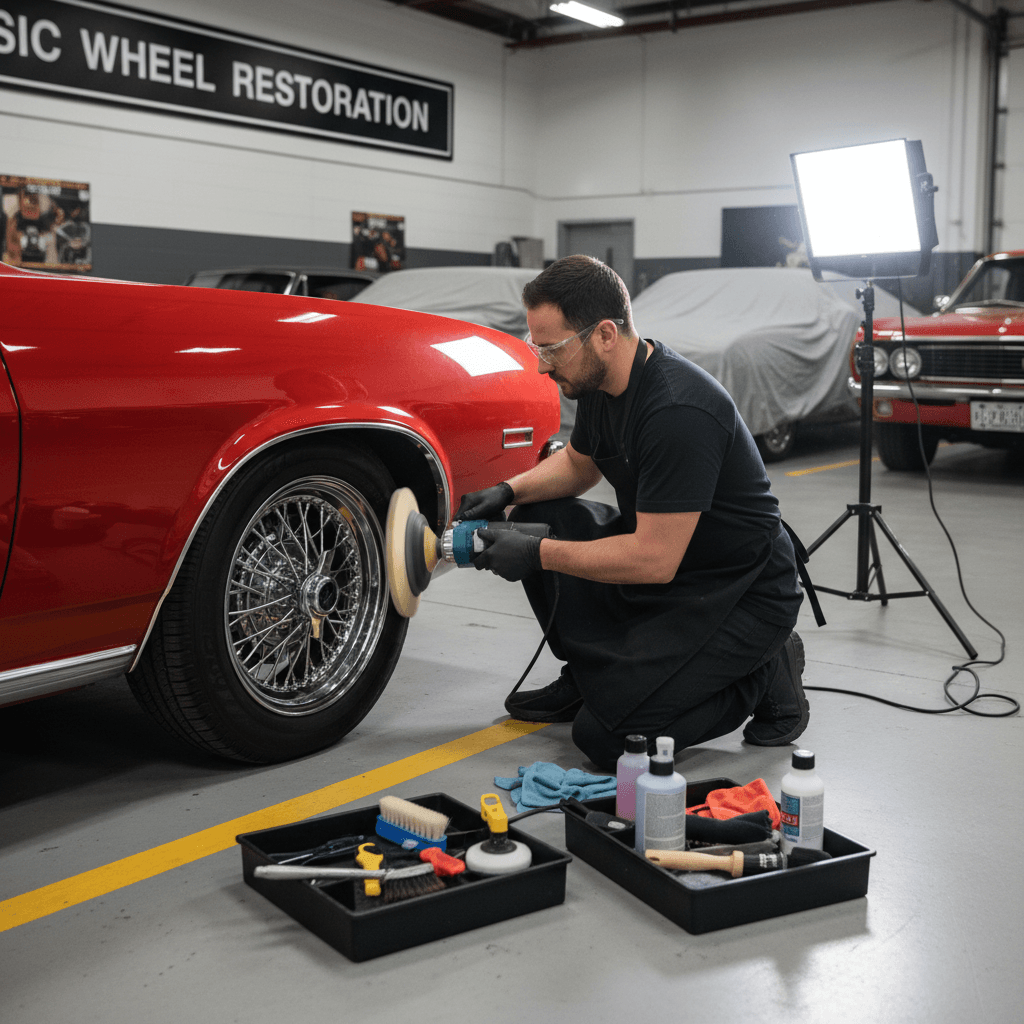 Technician detailing classic car wheels