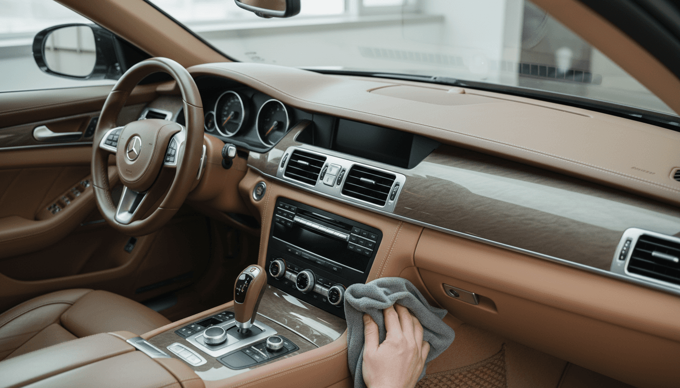 Detailed luxury car interior with gleaming dashboard