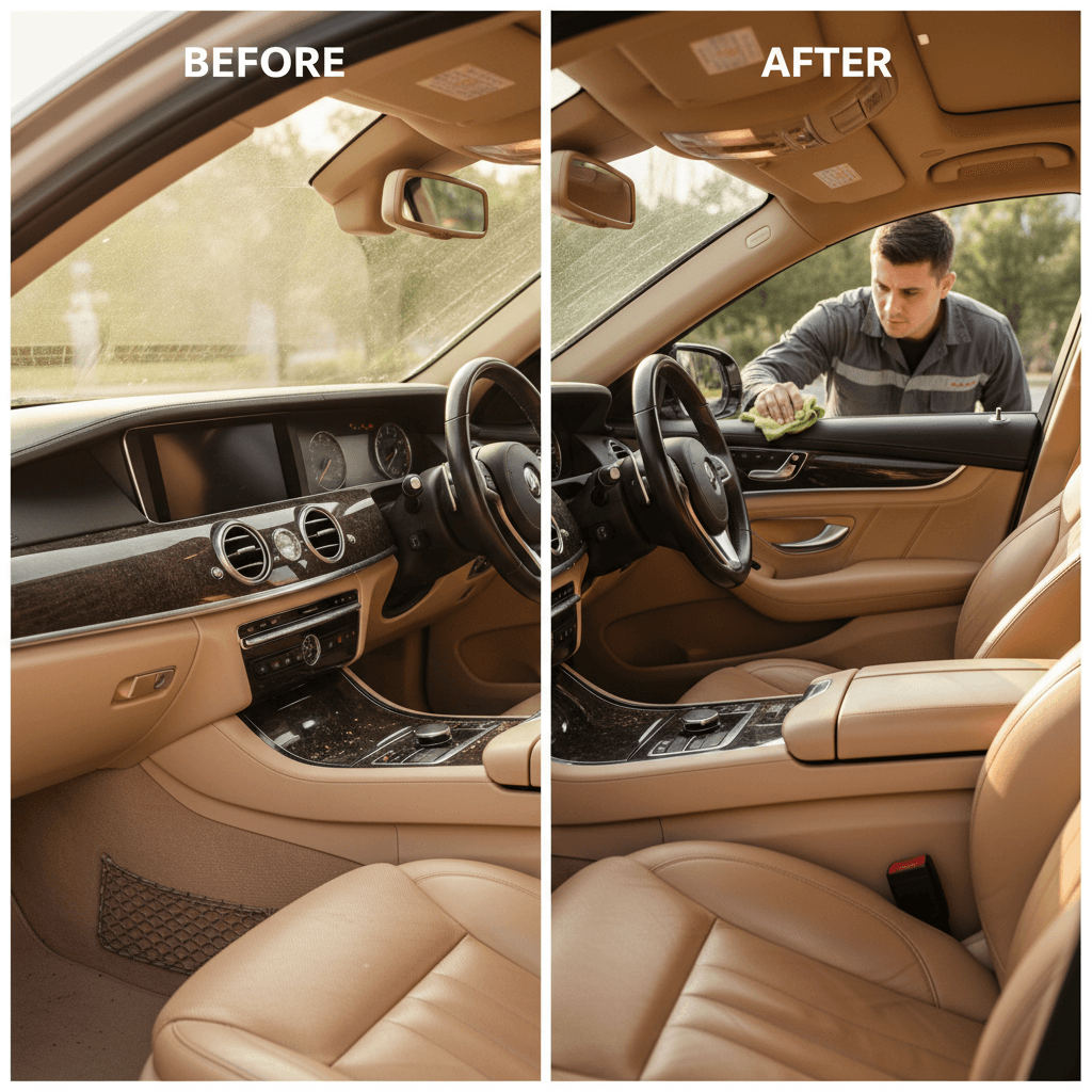 Luxury car interior before and after detailed cleaning and restoration