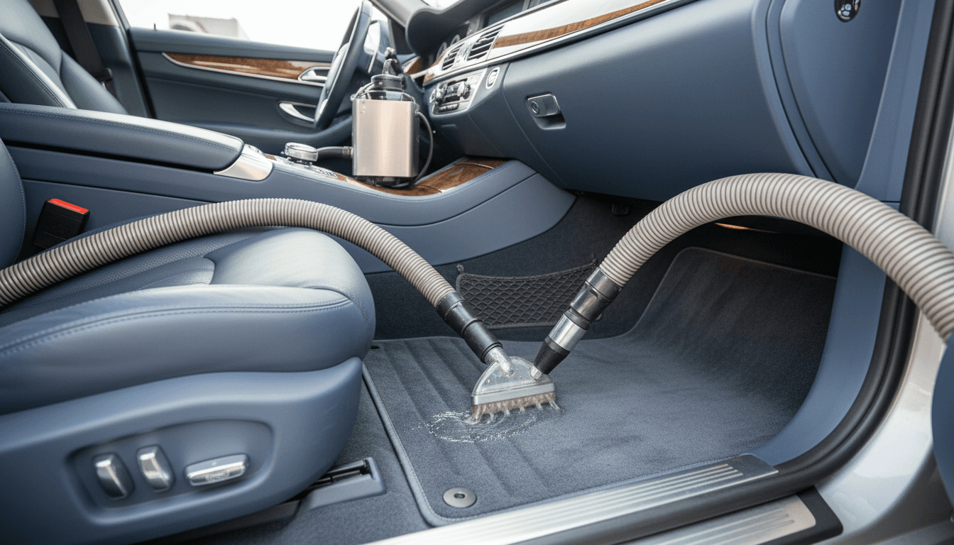 Professional carpet extraction cleaning inside luxury vehicle