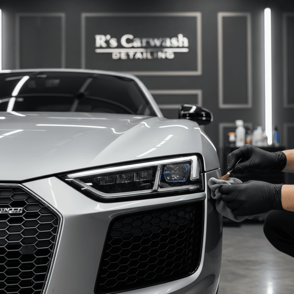 Audi R8 headlight and grille detail showing precision cleaning and polish
