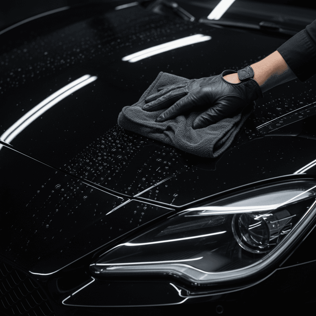 Technician's hand polishing a glossy black car hood with a microfiber cloth
