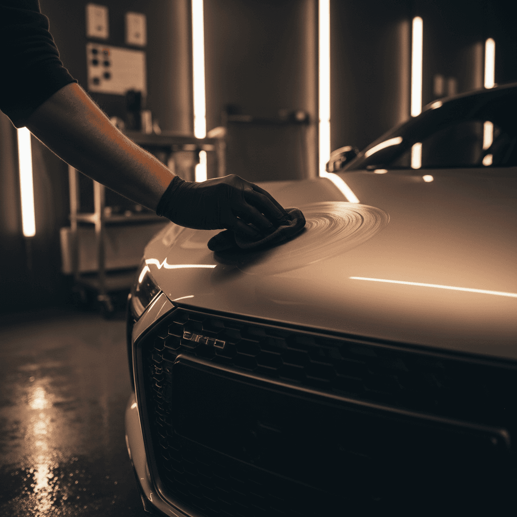Audi R8 hood being hand-waxed with microfiber applicator