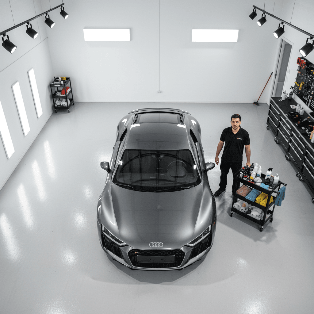 Audi R8 overhead view after complete professional detailing