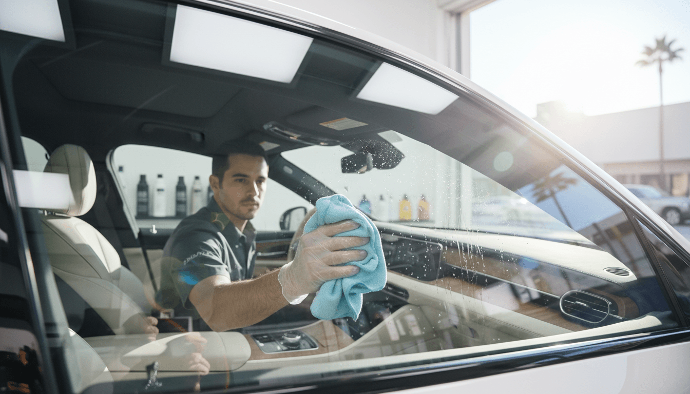 Professional interior window cleaning and treatment on luxury car