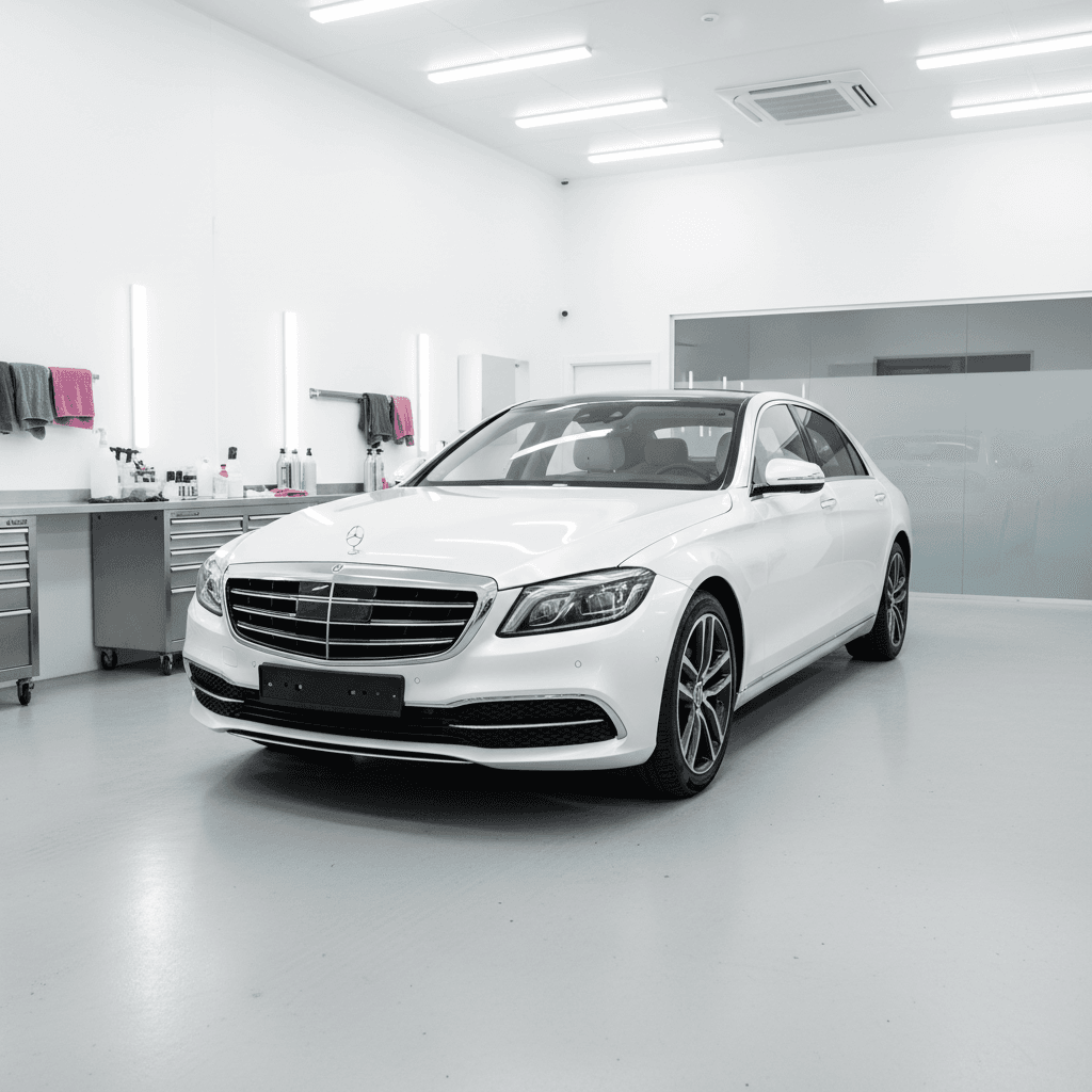 Luxury sedan in a clean detailing bay with gleaming paint