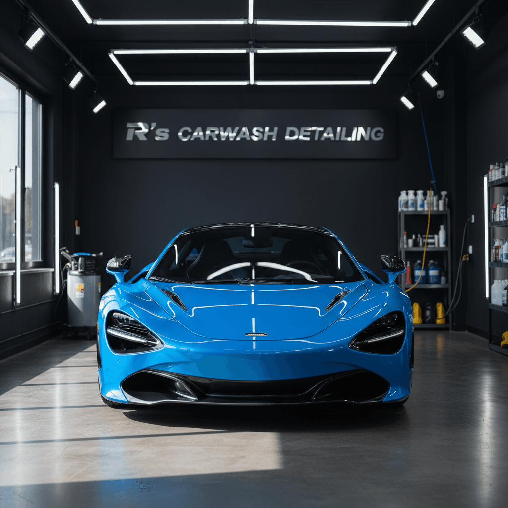 Luxury sports car freshly detailed in professional bay