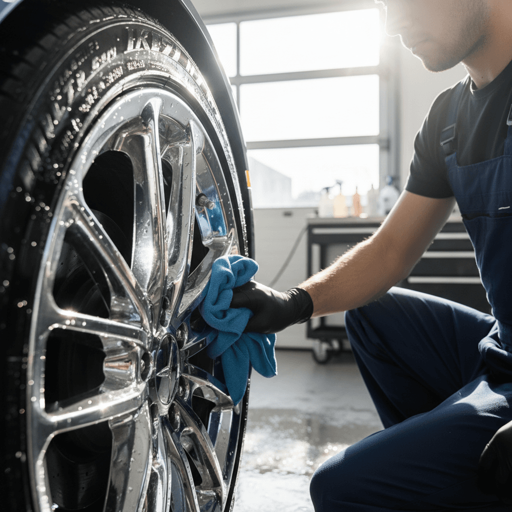 Chrome wheel being detailed with microfiber cloth