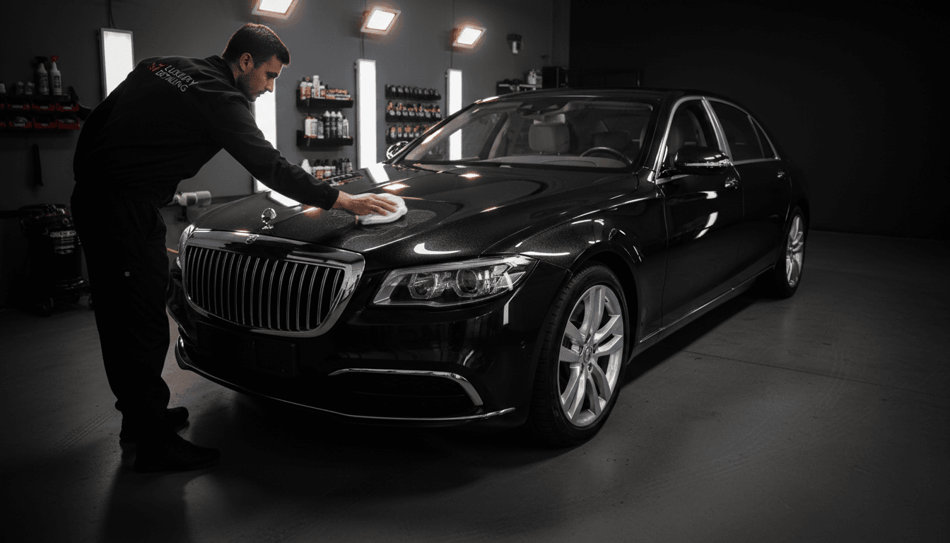 Luxury car being professionally detailed with ceramic coating application