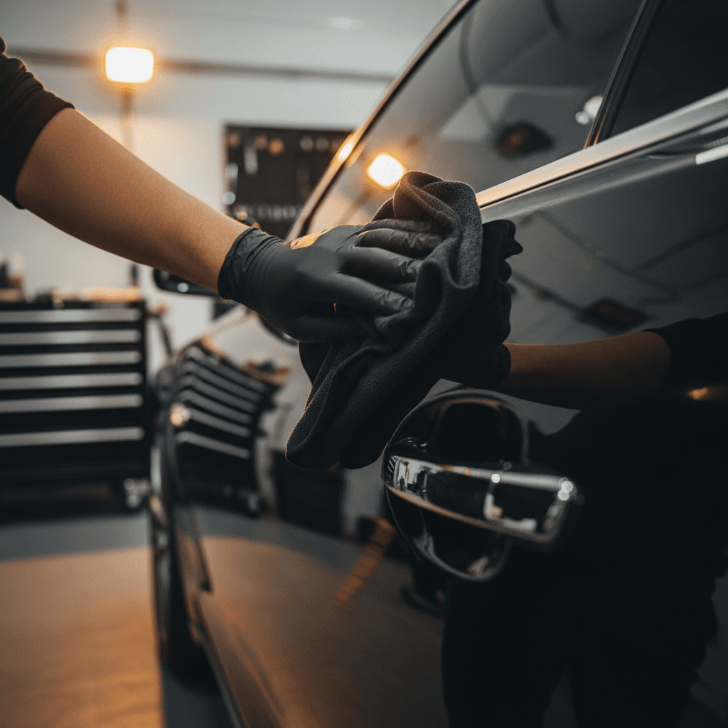 Detailer polishing luxury car exterior with precision