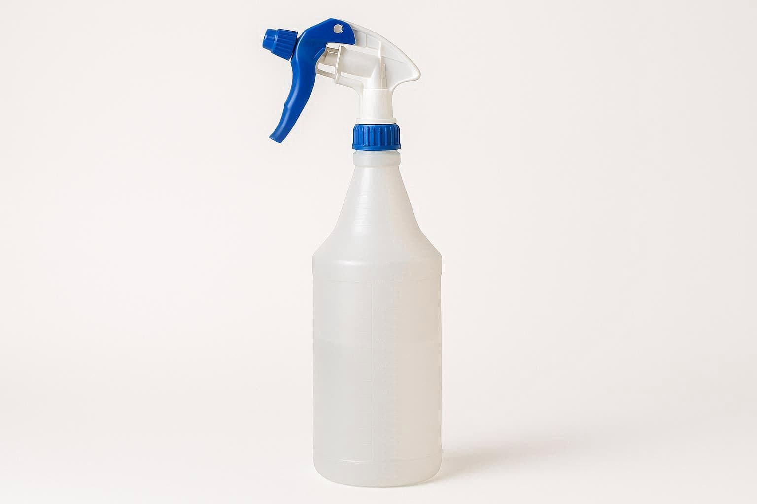 Translucent plastic spray bottle with a blue trigger nozzle against a plain white background.