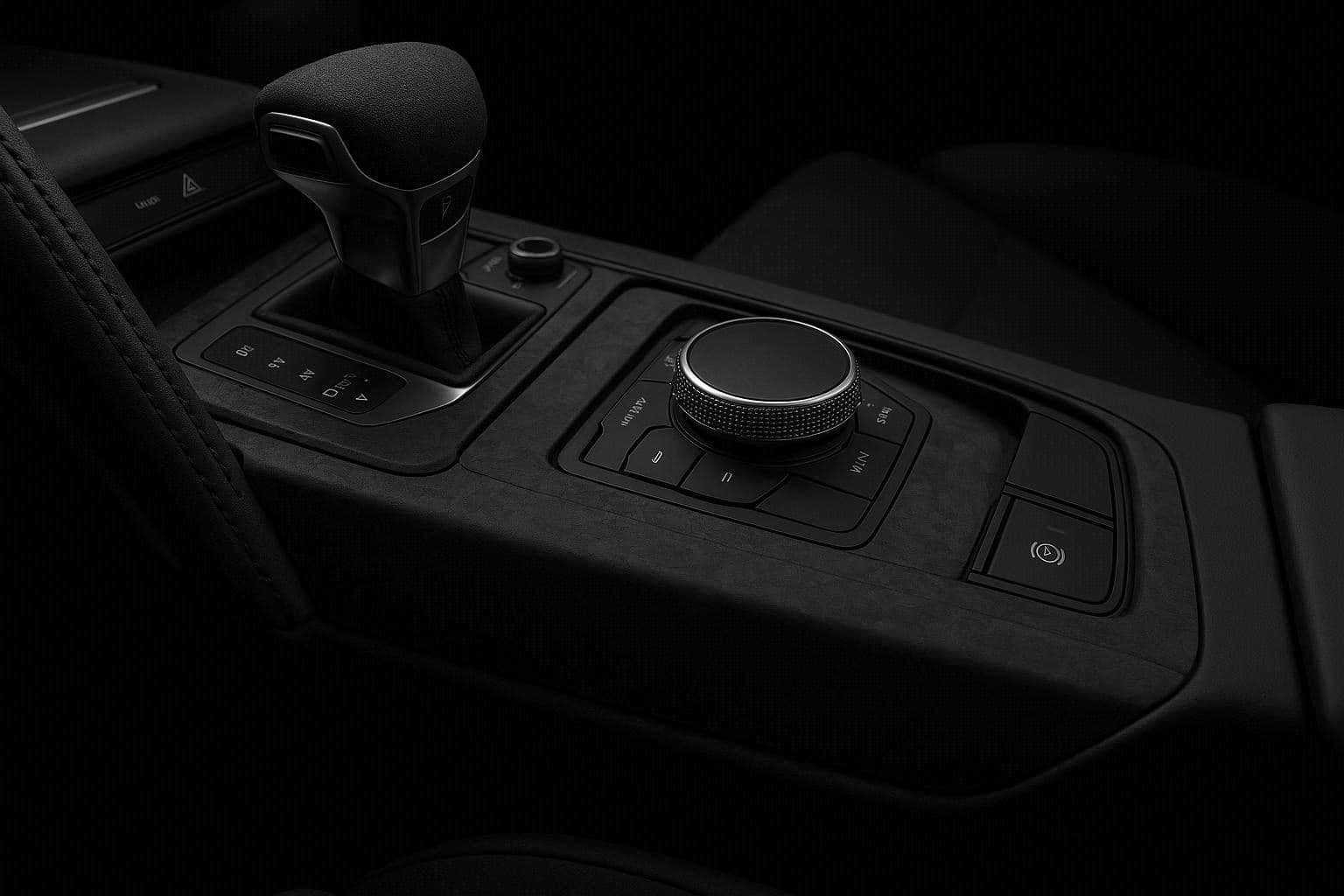 Dark suede car center console featuring a gear shifter, rotary dial, and electronic parking brake.