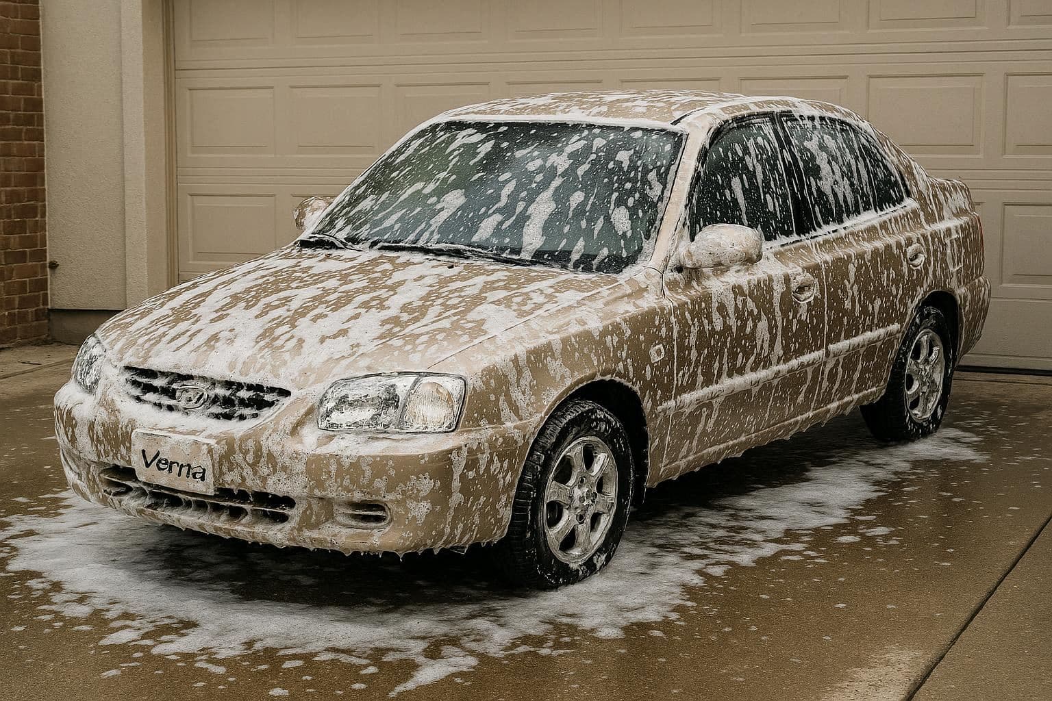 Gold Hyundai Verna sedan covered in white soap suds, parked on a residential driveway.