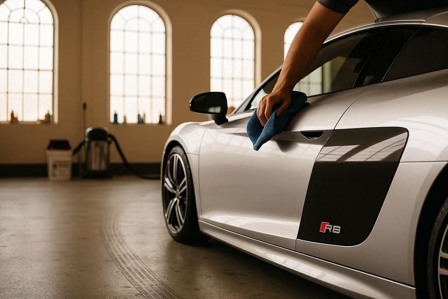 Hand cleaning a silver Audi R8 with a blue microfiber cloth in a bright garage.