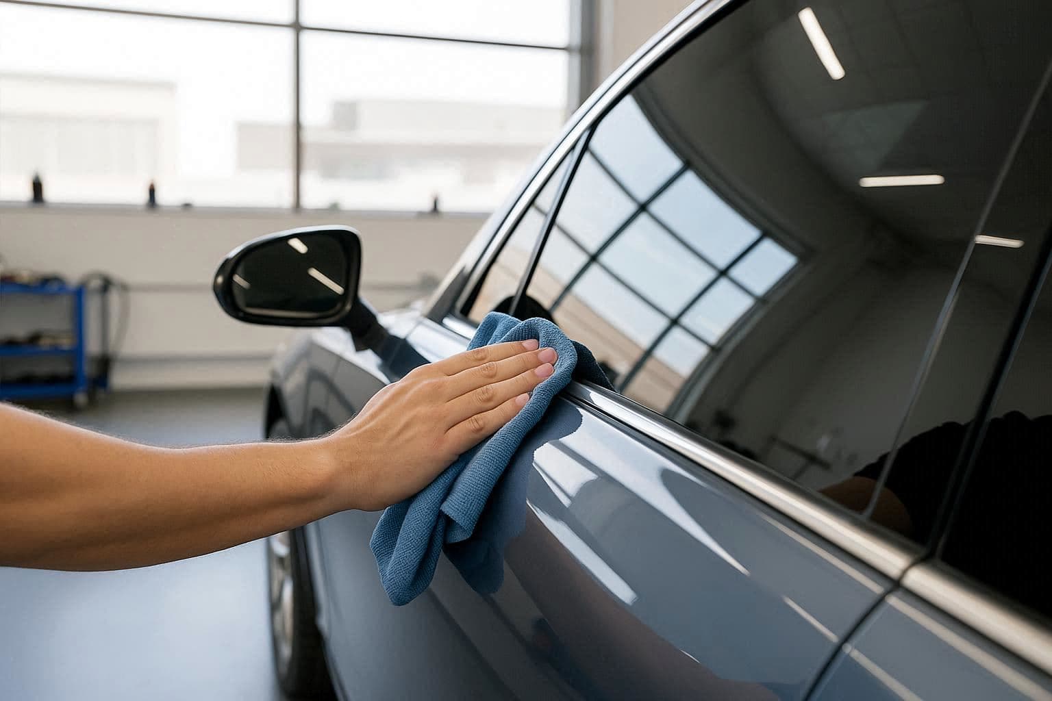 Hand wiping a dark car exterior with a blue microfiber cloth in a garage.